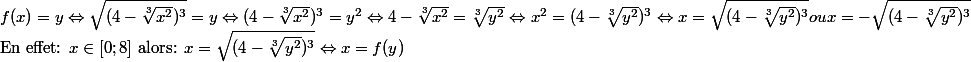 f(x)=y\Leftrightarrow \sqrt{(4-\sqrt[3]{x^2})^3}=y\Leftrightarrow (4-\sqrt[3]{x^2})^3=y^2\Leftrightarrow 4-\sqrt[3]{x^2}=\sqrt[3]{y^2}\Leftrightarrow x^2=(4-\sqrt[3]{y^2})^3\Leftrightarrow x=\sqrt{(4-\sqrt[3]{y^2})^3} ou x= -\sqrt{(4-\sqrt[3]{y^2})^3} \\ \text{En effet: } x\in [0;8] \text{ alors: } x=\sqrt{(4-\sqrt[3]{y^2})^3}\Leftrightarrow x=f(y)